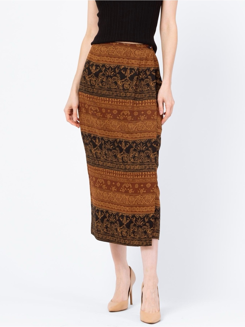 Vintage 90s Brown & Black Silk Patterned Midi Wrap Skirt